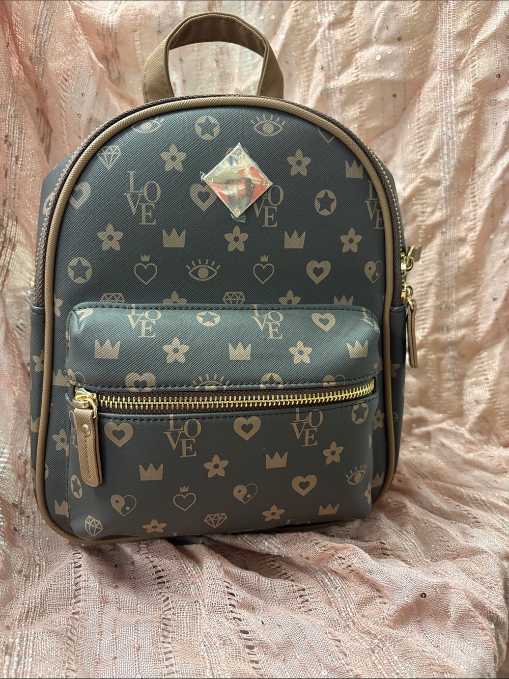 Icing Brown Pattern Mini Backpack with Gold Zipper Accents
